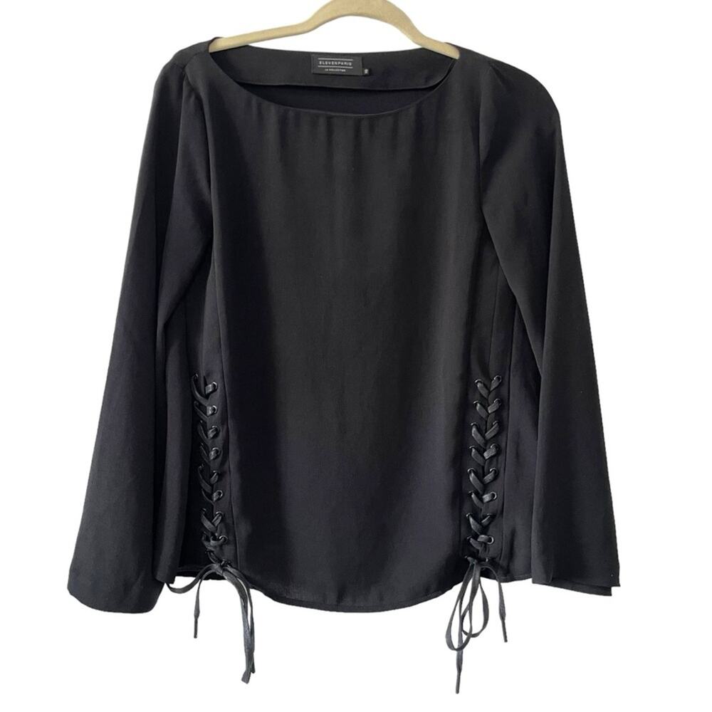 Eleven Paris Black Long Sleeve Blouse Size XS Lace Up goth whimsigoth